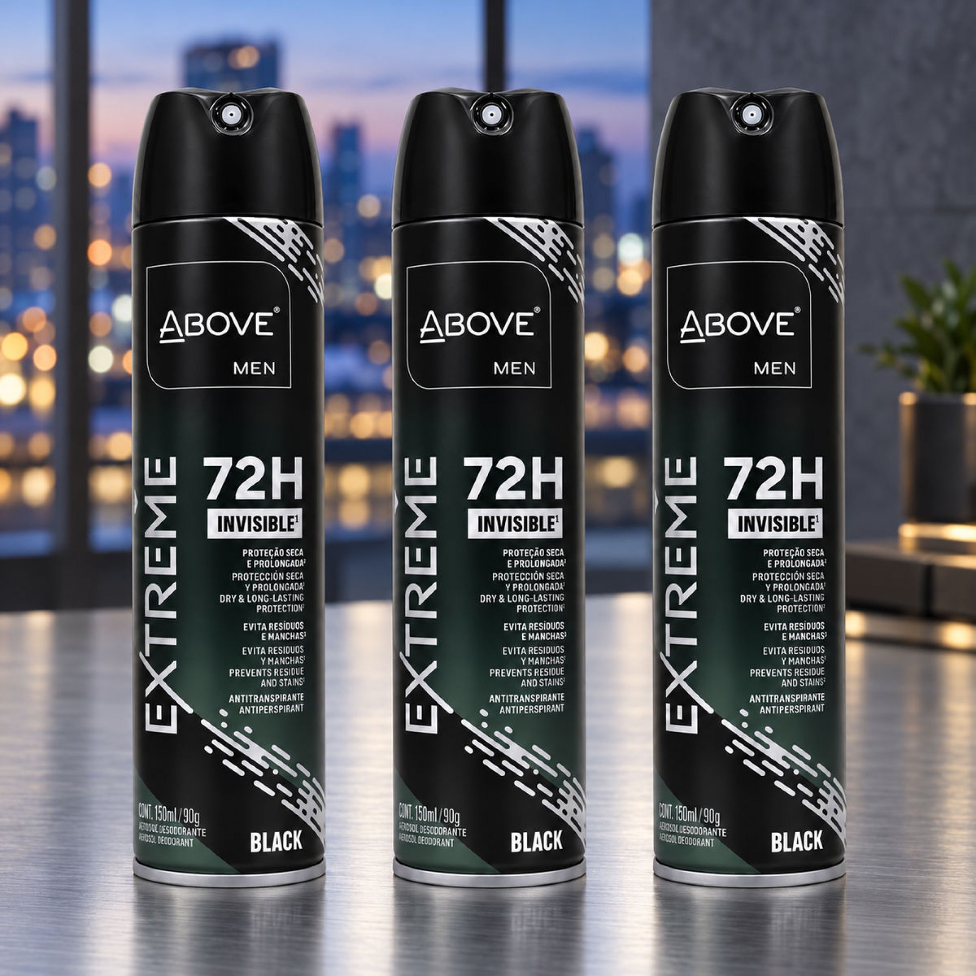 Kit 3 Desodorantes Aerossol Above Men Extreme Black 150ml Kit 3 Desodorantes Aerossol Above Men Extreme Black 150ml