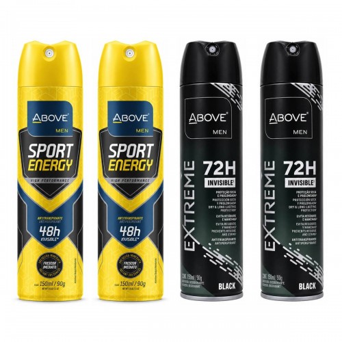 Kit 4 Desodorantes Above Men: 2 Sport Energy e 2 Extreme Black Kit 4 Desodorantes Above Men: 2 Sport Energy e 2 Extreme Black