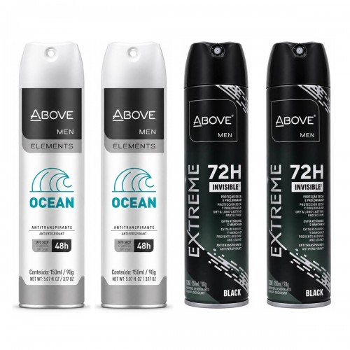 Kit 4 Desodorantes Above Men: 2 Elements Ocean e 2 Extreme Black Kit 4 Desodorantes Above Men: 2 Elements Ocean e 2 Extreme Black