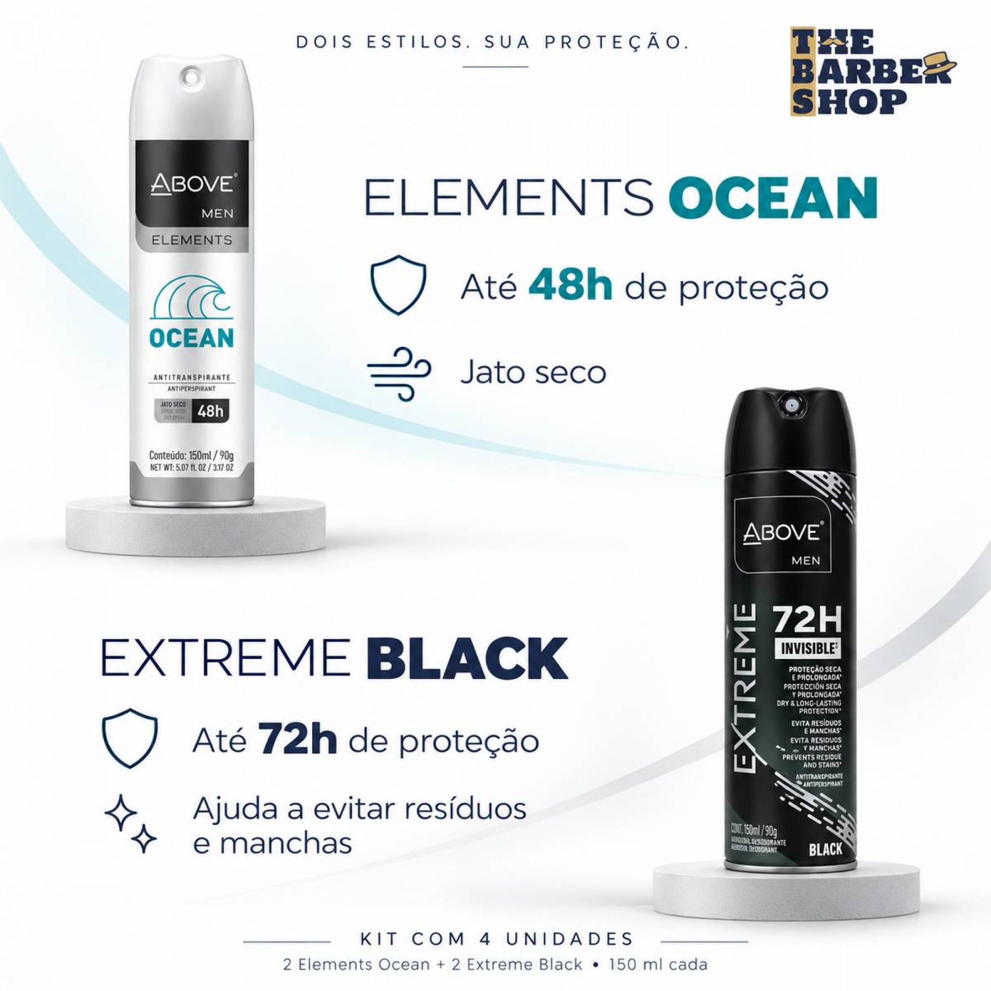 Kit 4 Desodorantes Above Men: 2 Elements Ocean e 2 Extreme Black Kit 4 Desodorantes Above Men: 2 Elements Ocean e 2 Extreme Black