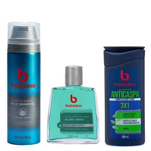Kit Shampoo Cabelo Anticaspa Bozzano + Espuma de Barbear Pele Senível + Loção Pós Barba Alore Vera