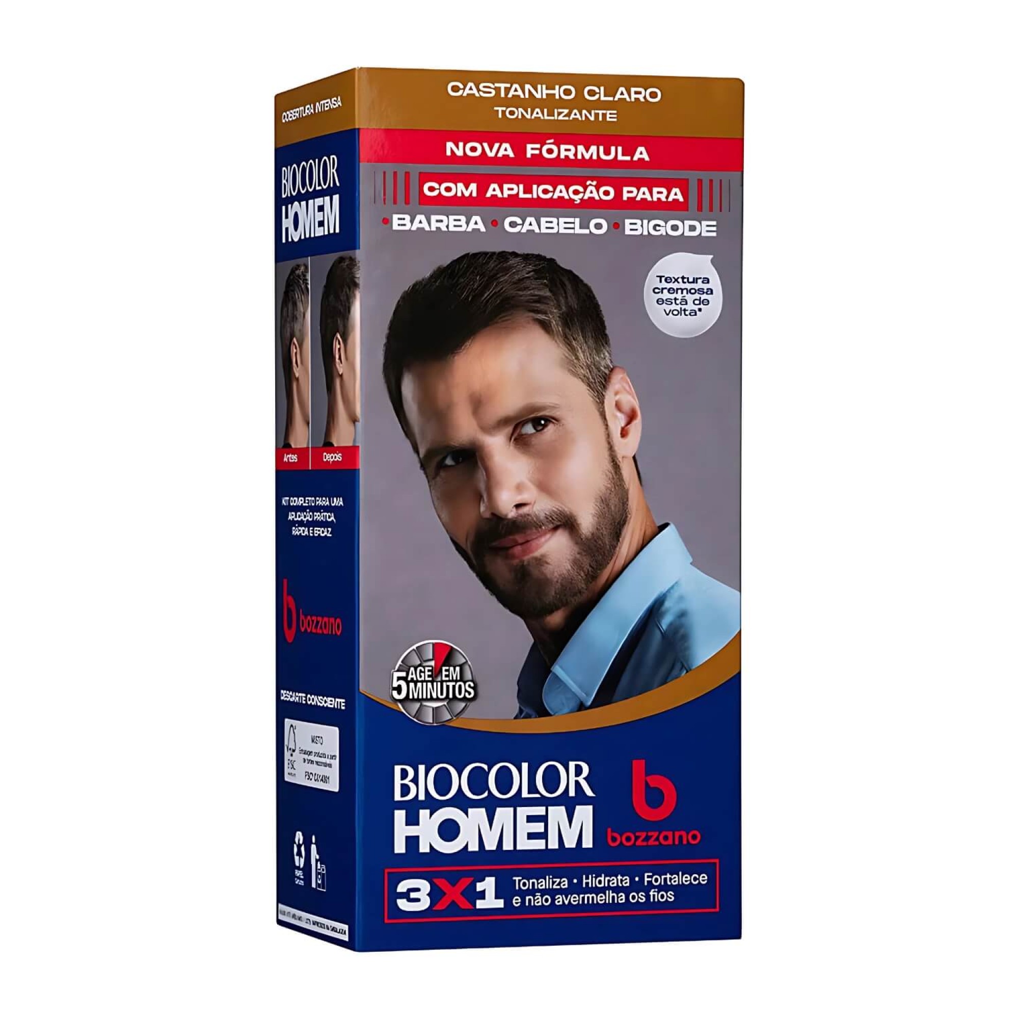 Tonalizante Barba e Cabelo Biocolor Homem 3 em 1 Bozzano Castanho Claro - 3 unidades