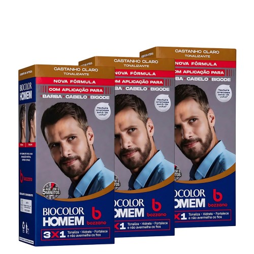 Tonalizante Barba e Cabelo Biocolor Homem 3 em 1 Bozzano Castanho Claro - 3 unidades