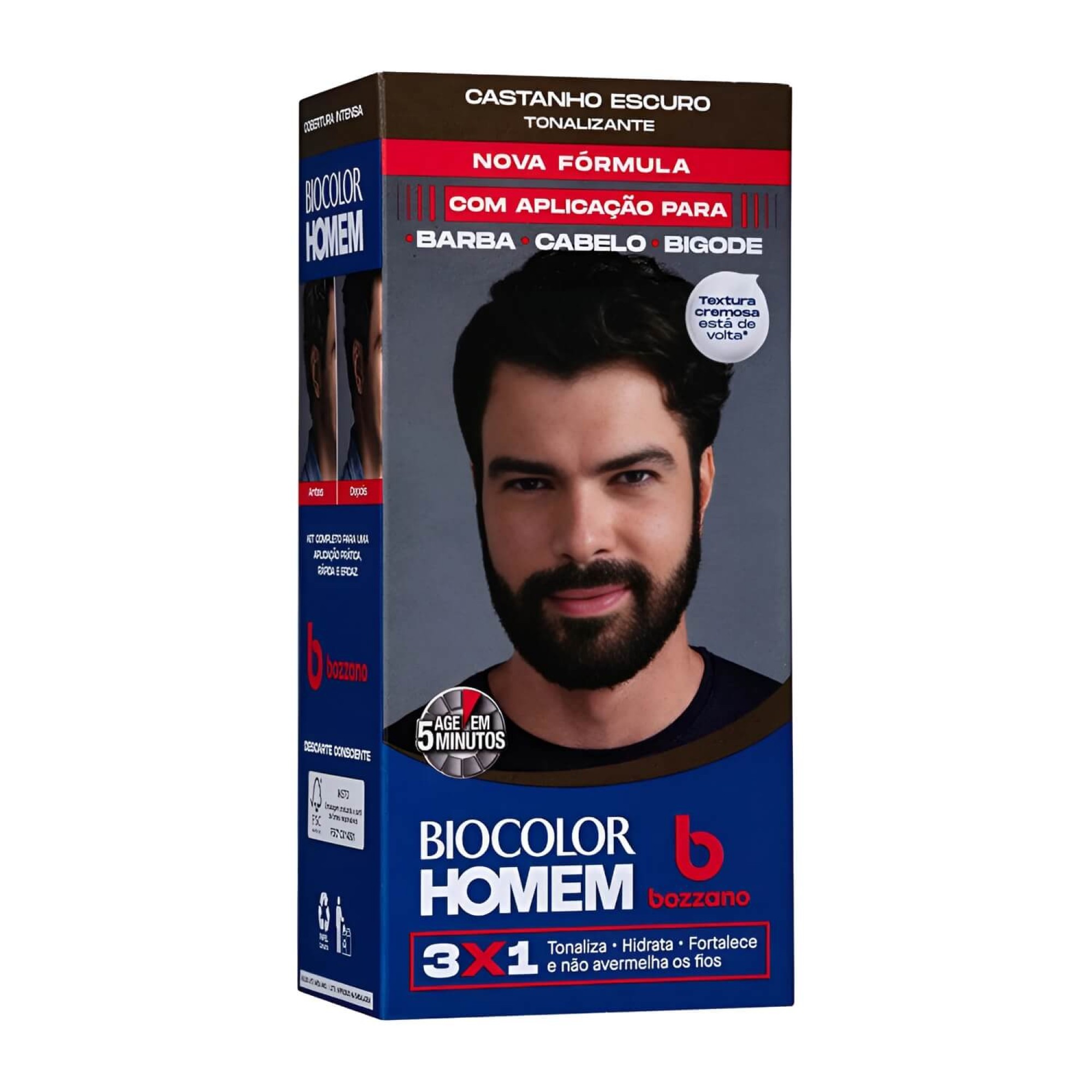 Tonalizante Barba e Cabelo Biocolor Homem 3 em 1 Bozzano Castanho Escuro - 3 unidades Tonalizante Barba e Cabelo Biocolor Homem 3 em 1 Bozzano Castanho Escuro - 3 unidades
