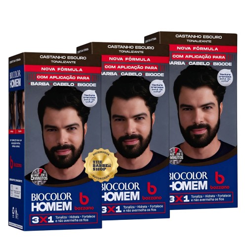 Tonalizante Barba e Cabelo Biocolor Homem 3 em 1 Bozzano Castanho Escuro - 3 unidades