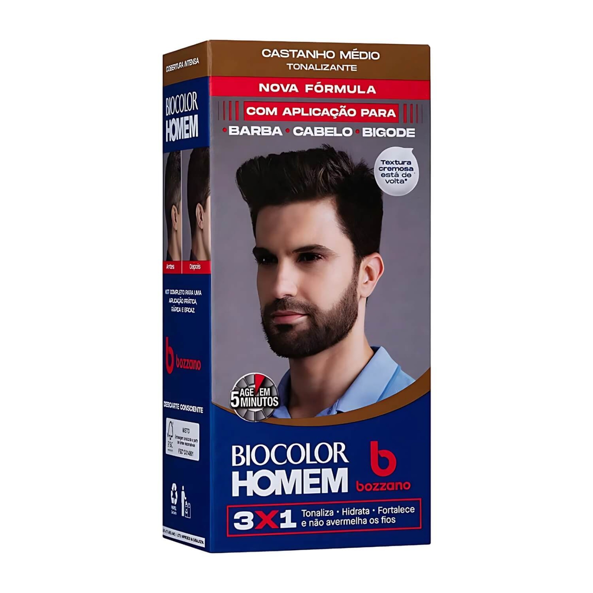 Tonalizante Masculino Biocolor Homem Bozzano Castanho Médio - Barba e Cabelo - 2un