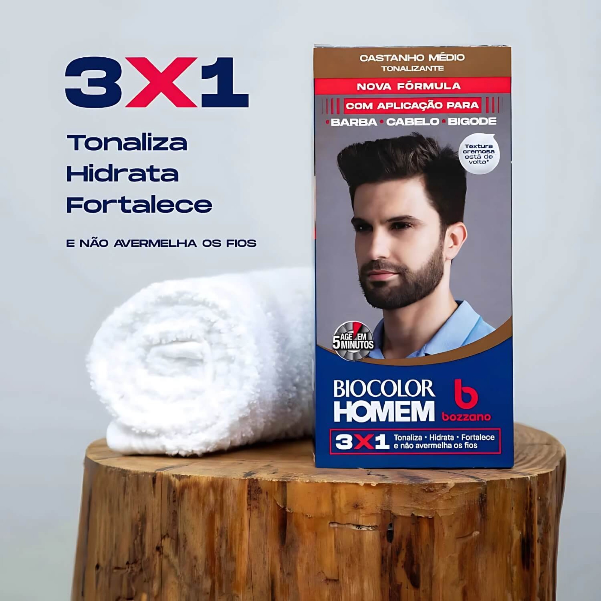 Tonalizante Barba e Cabelo Biocolor Homem 3 em 1 Bozzano Castanho Médio