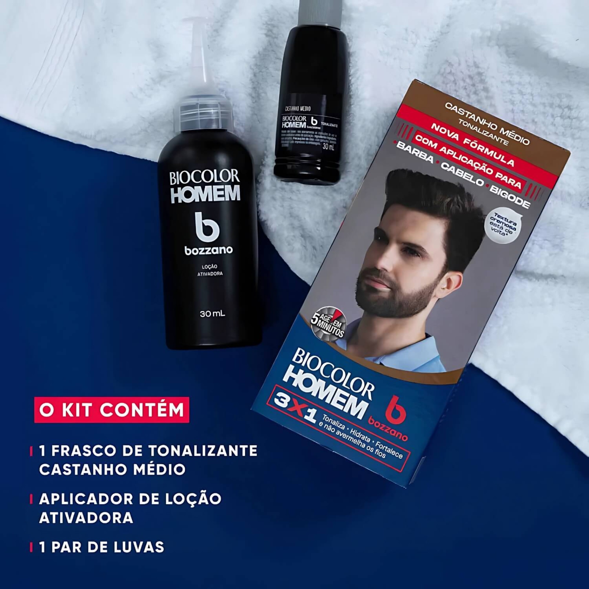 Tonalizante Barba e Cabelo Biocolor Homem 3 em 1 Bozzano Castanho Médio
