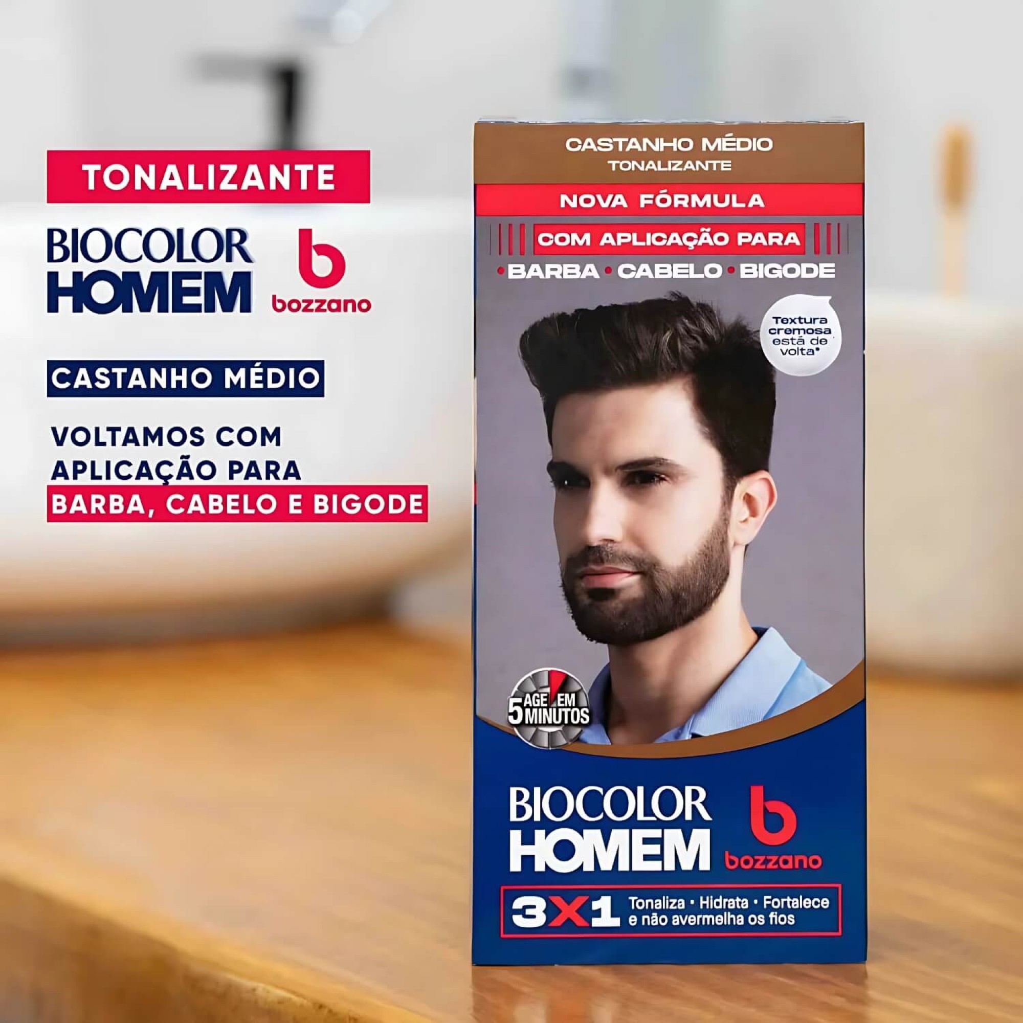 Tonalizante Barba e Cabelo Biocolor Homem 3 em 1 Bozzano Castanho Médio