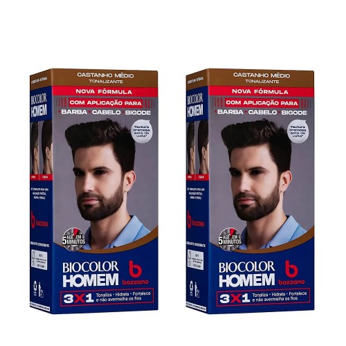Tonalizante Masculino Biocolor Homem Bozzano Castanho Médio - Barba e Cabelo - 2un