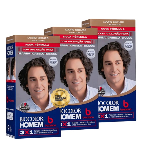 Tonalizante Barba e Cabelo Biocolor Homem 3 em 1 Bozzano Louro Escuro - 3 unidades