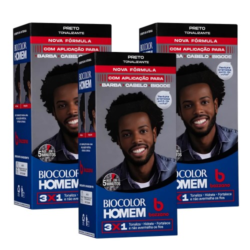 Tonalizante Biocolor Homem 3x1 Bozzano Preto - Kit 3 un