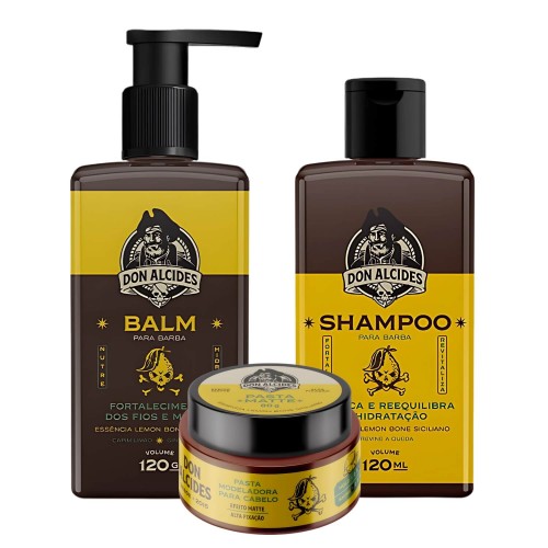 Kit Shampoo Balm Barba e Pomada Don Alcides Lemon Bone Kit Shampoo Balm Barba e Pomada Don Alcides Lemon Bone