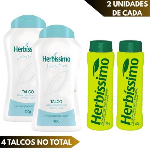 Kit 2 Talco Perfumado Herbíssimo Sensitive e 2 Antisséptico