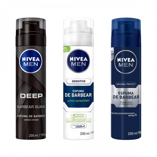 Kit 3 Espumas de Barbear Nivea Men: Deep, Sensitive e Protect 200ml Kit 3 Espumas de Barbear Nivea Men: Deep, Sensitive e Protect 200ml