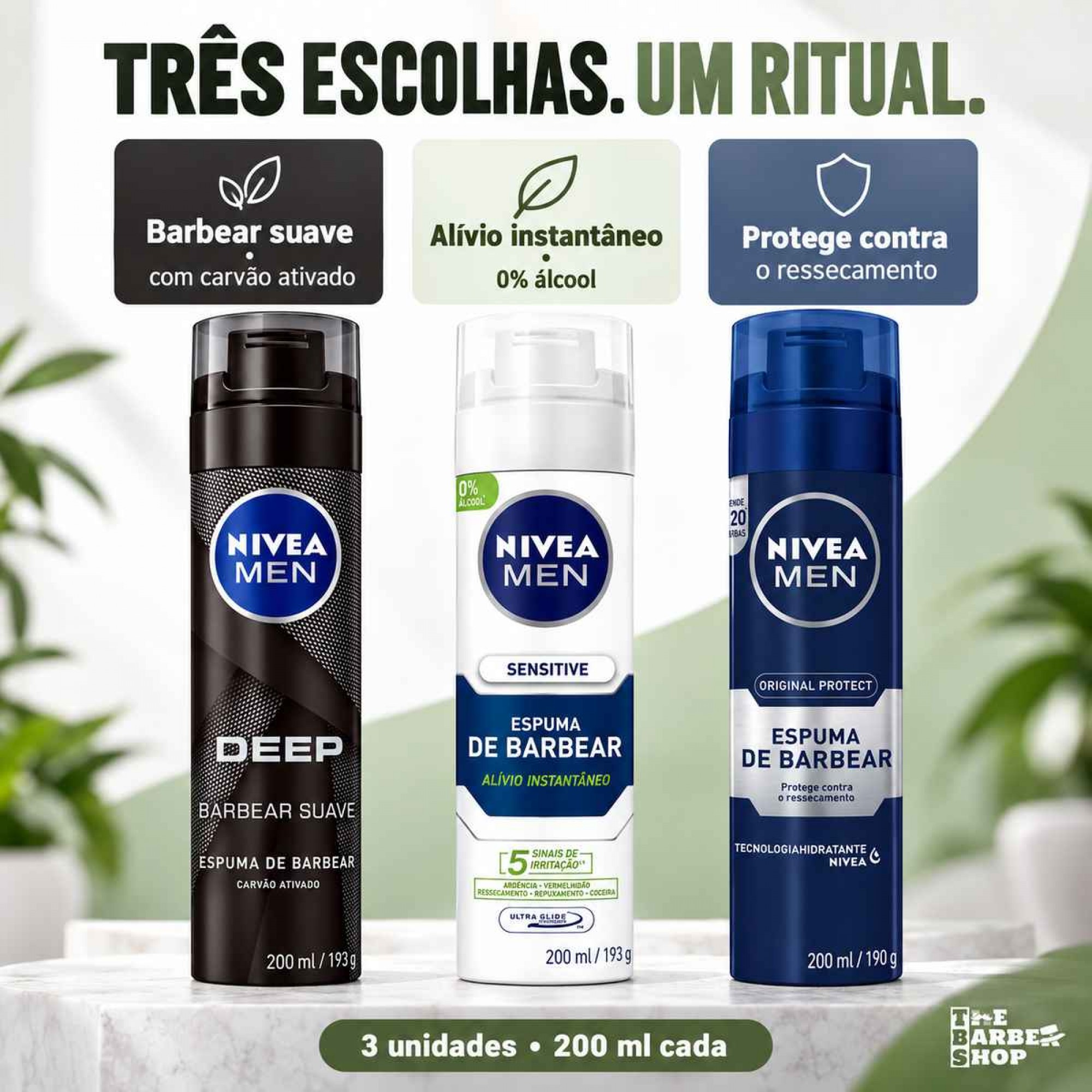 Kit 3 Espumas de Barbear Nivea Men: Deep, Sensitive e Protect 200ml Kit 3 Espumas de Barbear Nivea Men: Deep, Sensitive e Protect 200ml