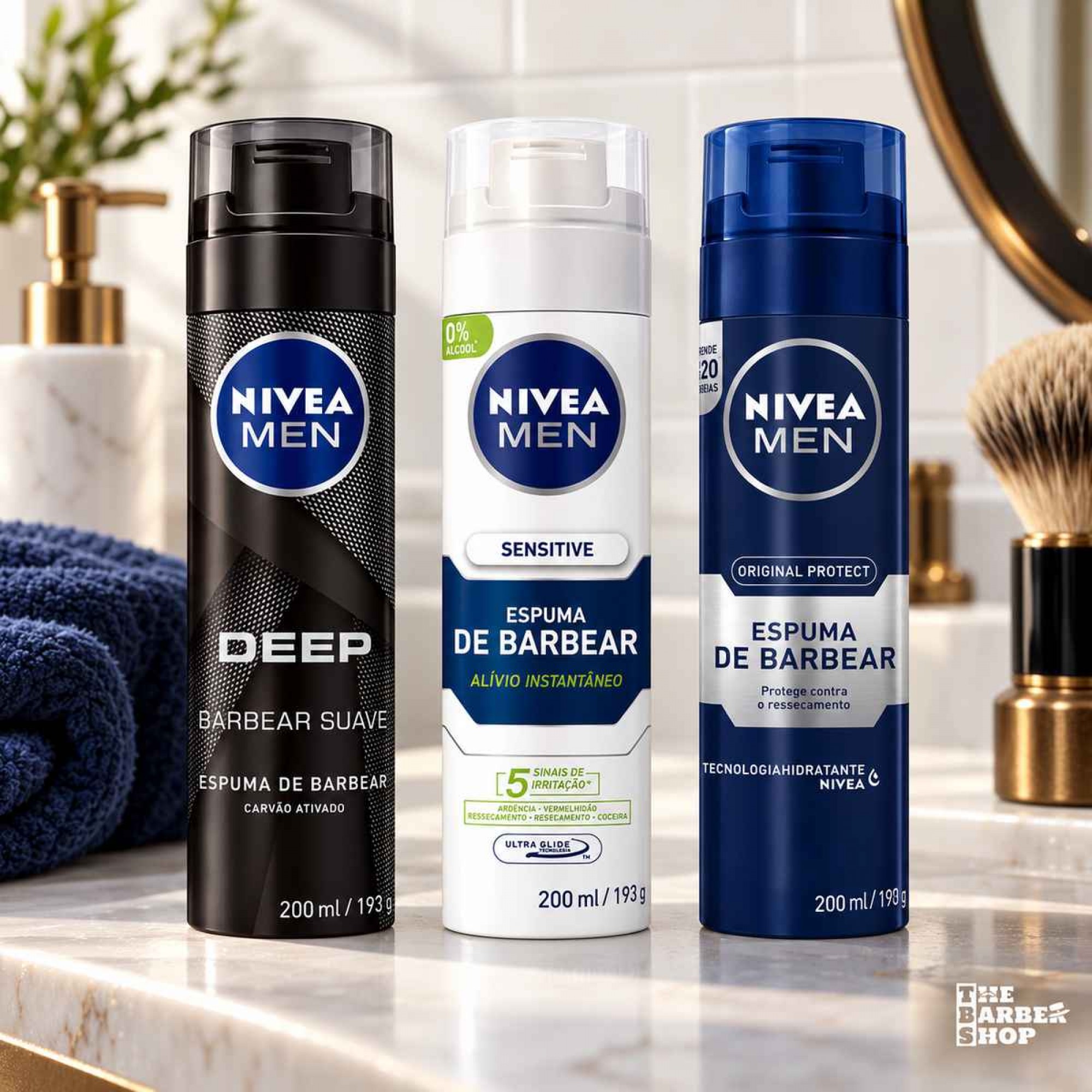 Kit 3 Espumas de Barbear Nivea Men: Deep, Sensitive e Protect 200ml Kit 3 Espumas de Barbear Nivea Men: Deep, Sensitive e Protect 200ml