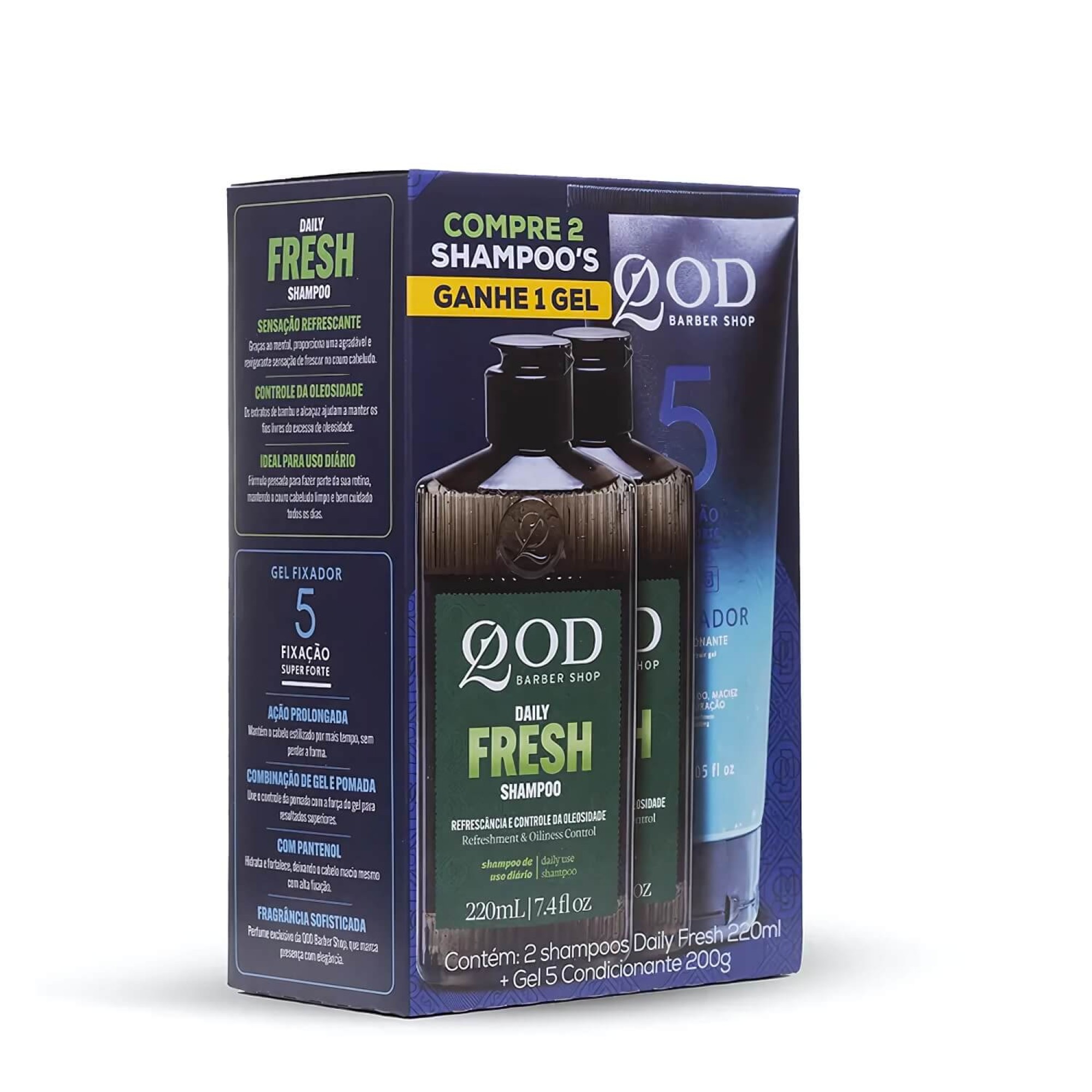 Kit 2 Shampoo QOD Daily Fresh + Gel Fixador 5 Fix Forte 200g Kit 2 Shampoo QOD Daily Fresh + Gel Fixador 5 Fix Forte 200g