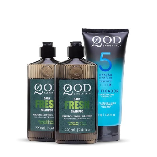 Kit 2 Shampoo QOD Daily Fresh + Gel Fixador 5 Fix Forte 200g Kit 2 Shampoo QOD Daily Fresh + Gel Fixador 5 Fix Forte 200g