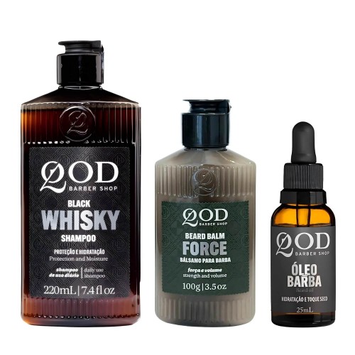 Kit QOD Barba Forte: Shampoo Whiskey, Balm Fortalecedor e Óleo