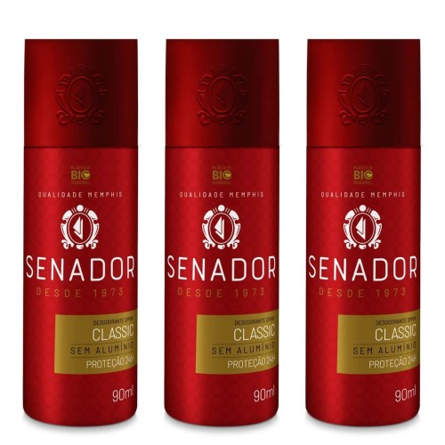 Desodorante Spray Senador Classic 90ml - Proteção 24h - Kit 3 un