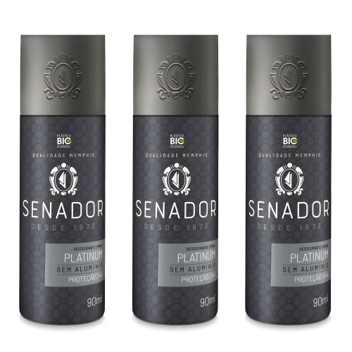 Desodorante Spray Senador Platinum 90ml Proteção 24h - 3 Un