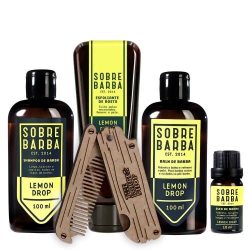 Kit Para Barba Sobrebarba Lemon Drop - Shampoo + Balm + Óleo + Esfoliante + Pente