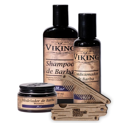 Kit para Barba Viking Mar: Shampoo, Cond, Modelador e Pente