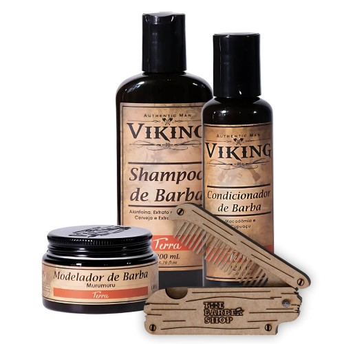 Kit para Barba Viking Terra: Shampoo, Cond, Modelador e Pente